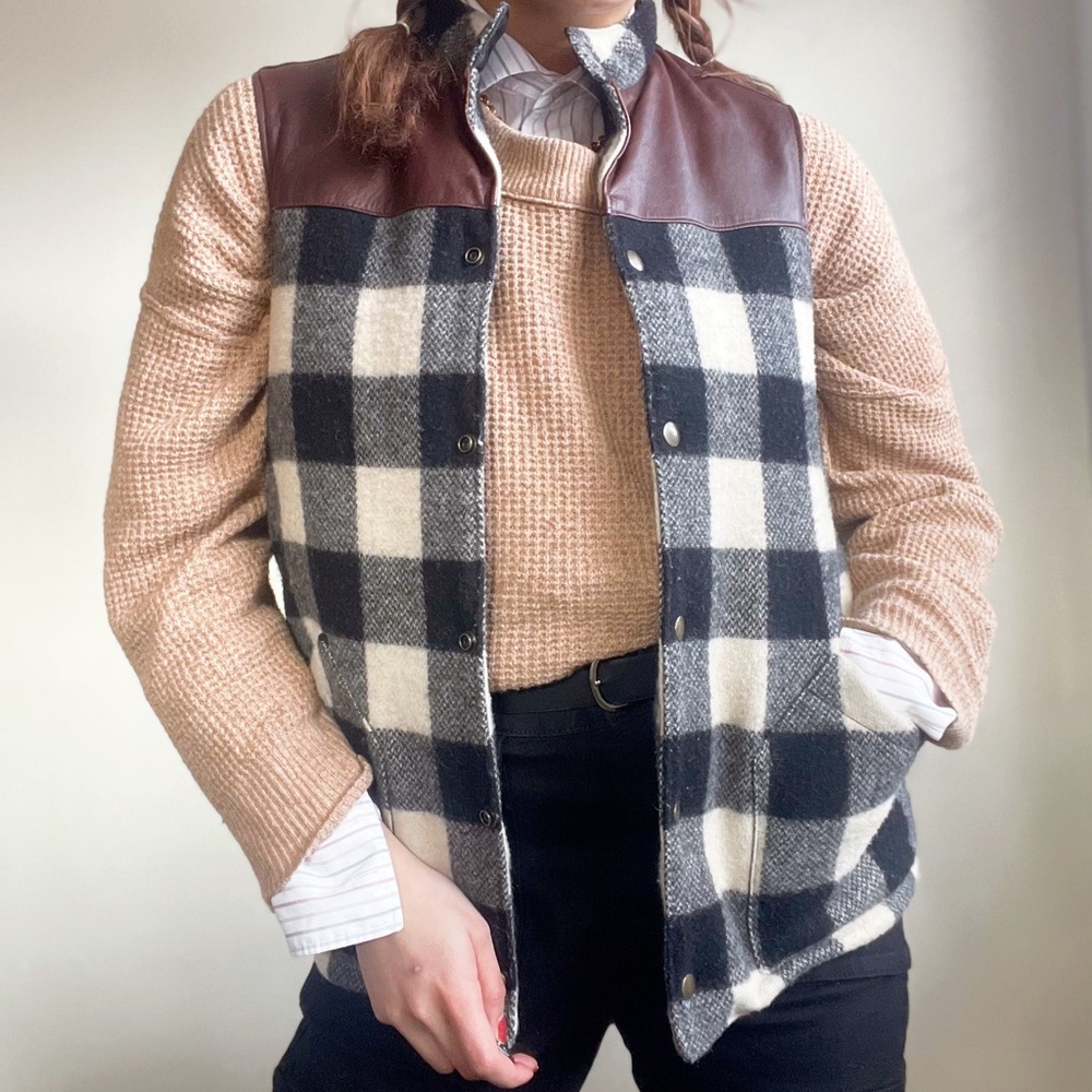 Vintage Y2K Heritage Sophisticated Wool Check Plaid Leather Down Fill Vest